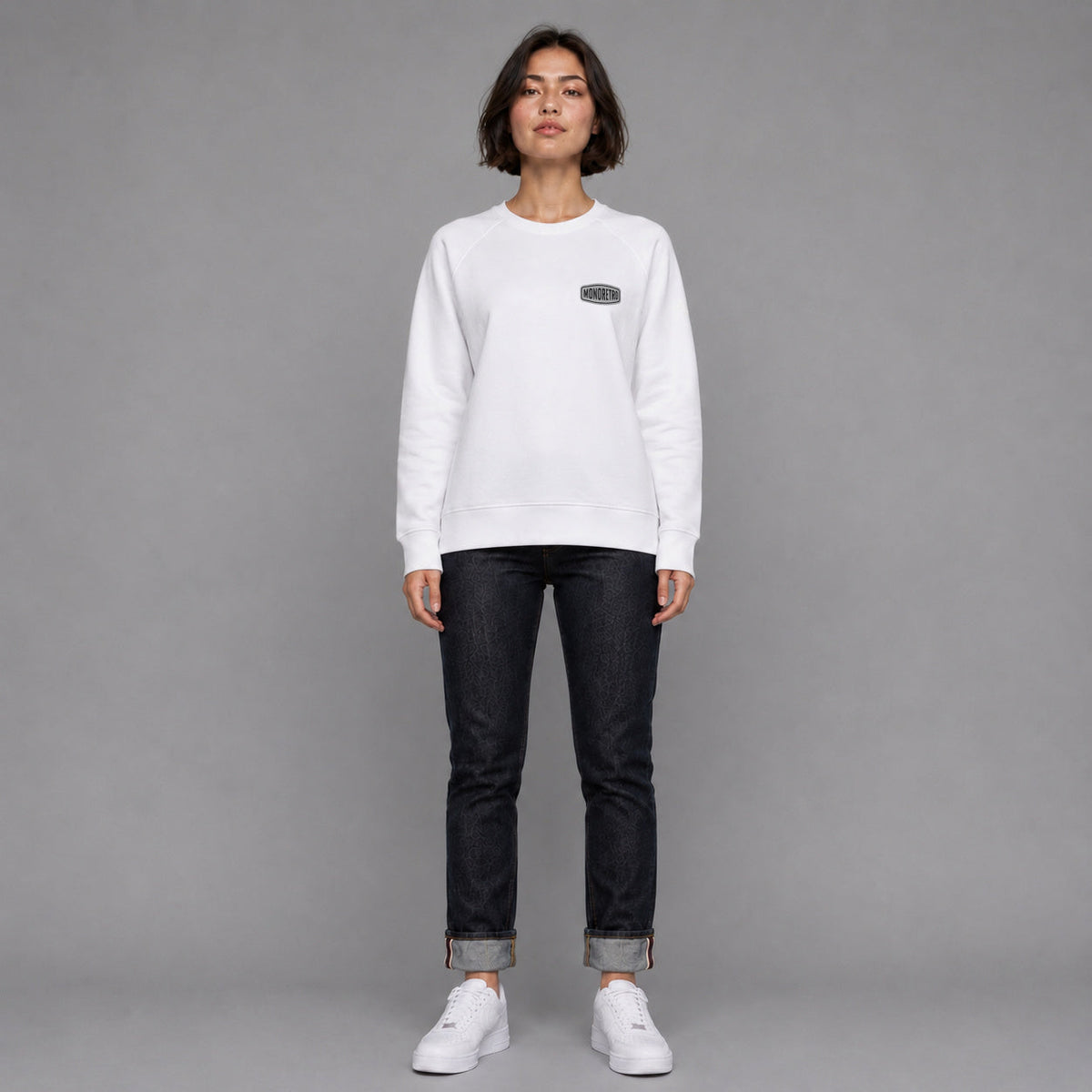 MONORETRO Signature No. 3 Heritage Raglan Sweatshirt in white — worn by female model, full length