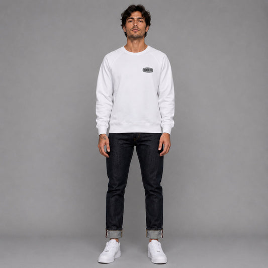 Signature No3 in white — worn by a male model, full length.