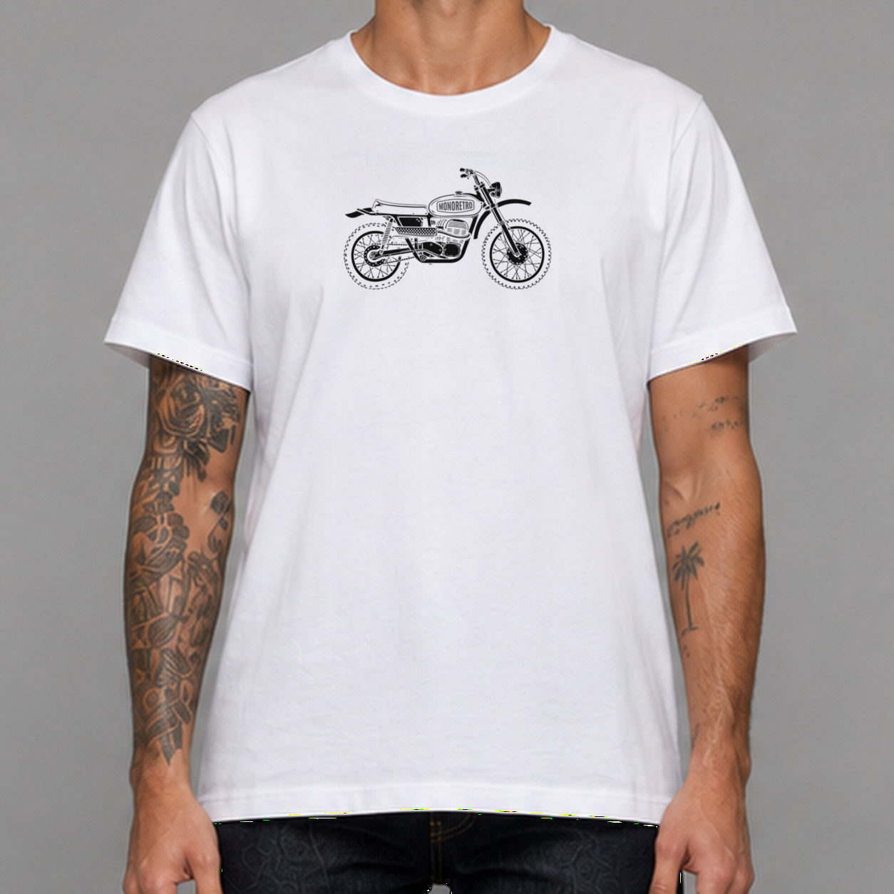 Scrambler in white — worn by a male model, front detail.