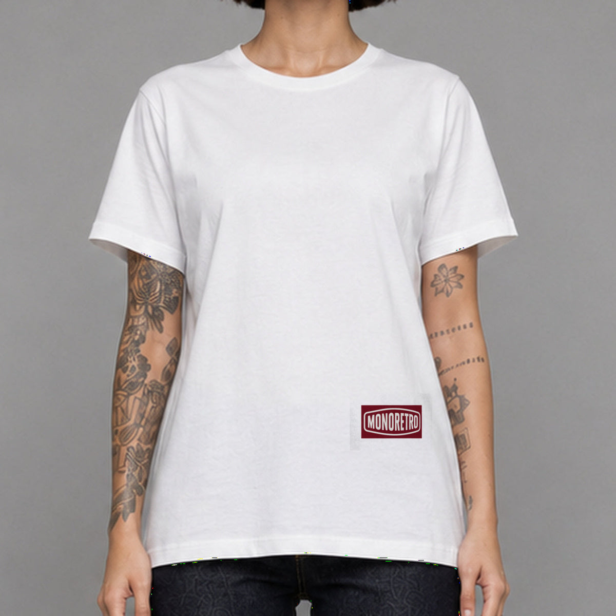 MONORETRO Signature No. 7 Heritage Tube Knit T-Shirt in white — worn by female model, front detail