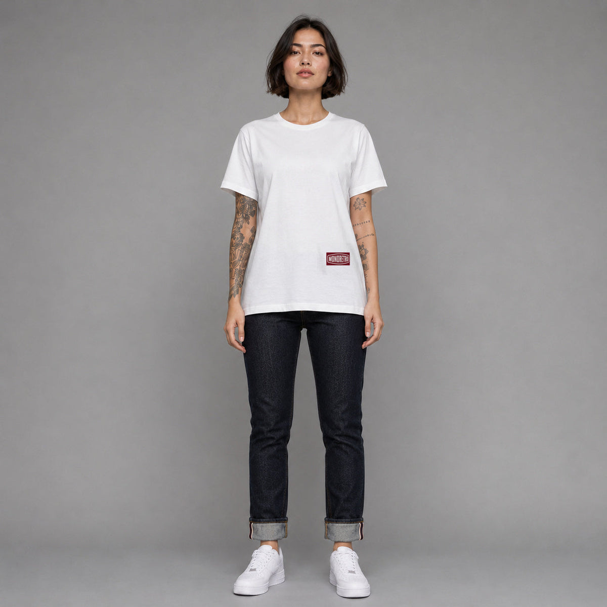 MONORETRO Signature No. 7 Heritage Tube Knit T-Shirt in white — worn by female model, full length