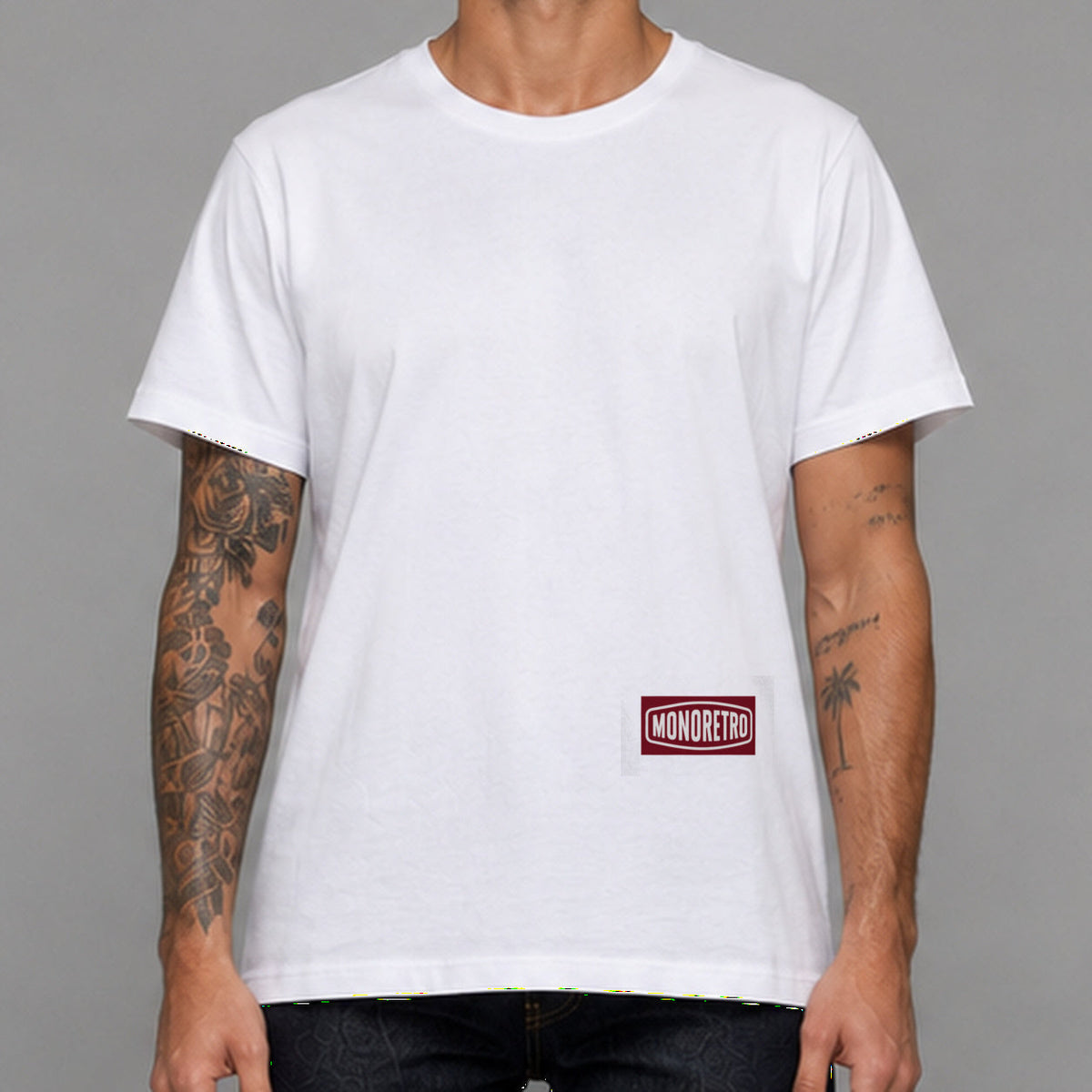 MONORETRO Signature No. 7 Heritage Tube Knit T-Shirt in white — worn by male model, front detail