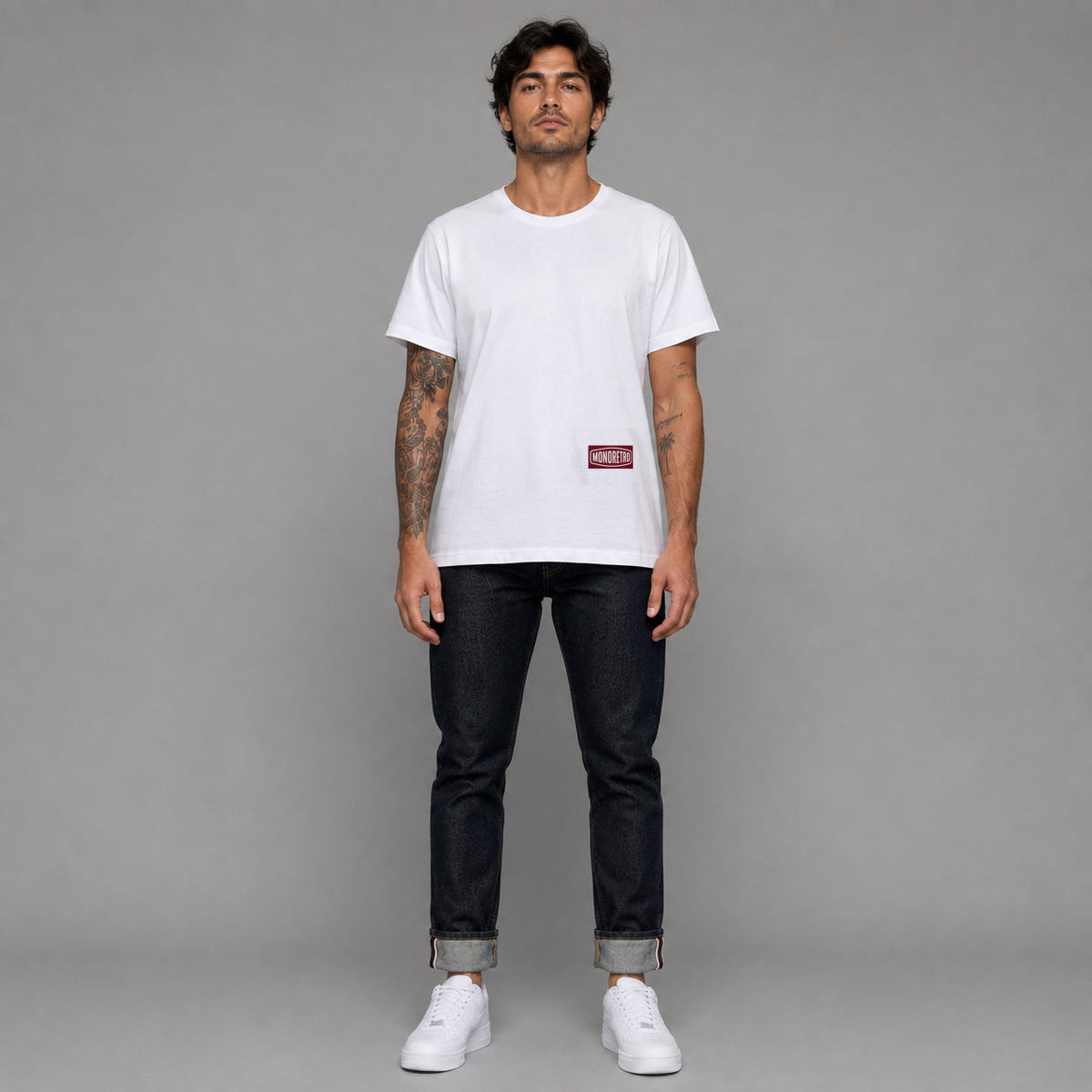 MONORETRO Signature No. 7 Heritage Tube Knit T-Shirt in white — worn by male model, full length