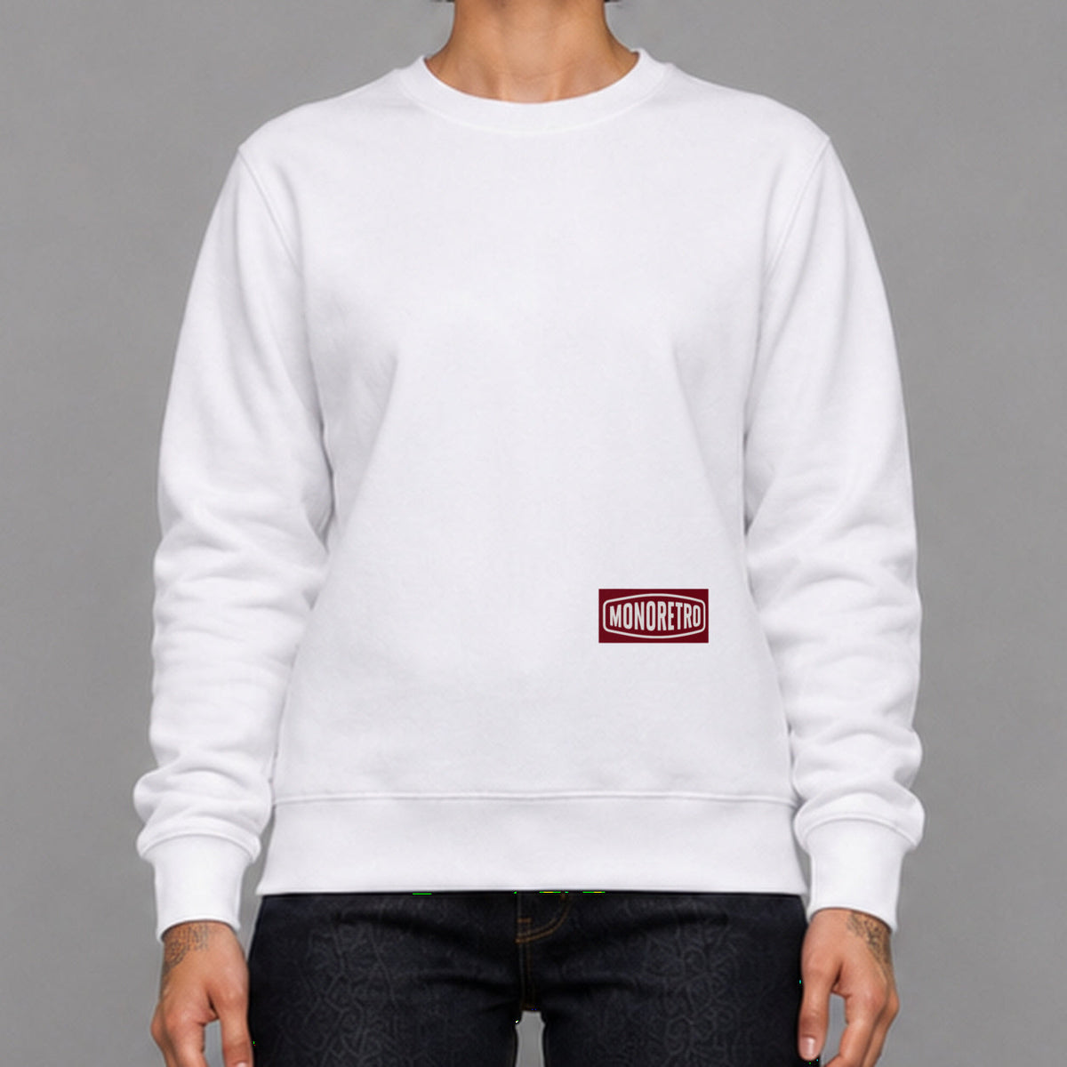 MONORETRO Signature No. 7 Heritage Heavyweight Sweatshirt in white — worn by female model, front detail
