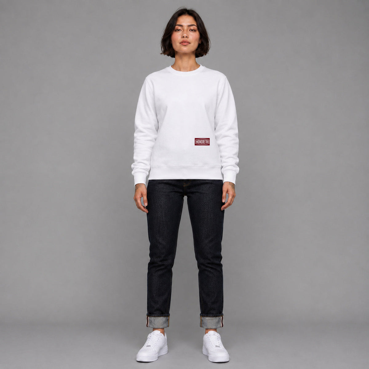 MONORETRO Signature No. 7 Heritage Heavyweight Sweatshirt in white — worn by female model, full length