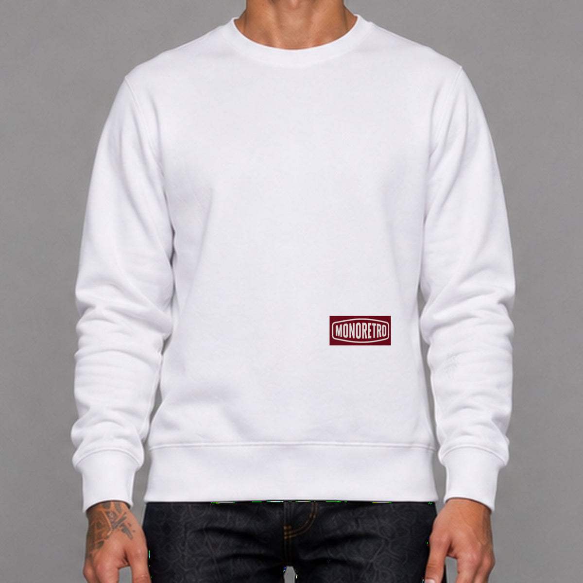 MONORETRO Signature No. 7 Heritage Heavyweight Sweatshirt in white — worn by male model, front detail