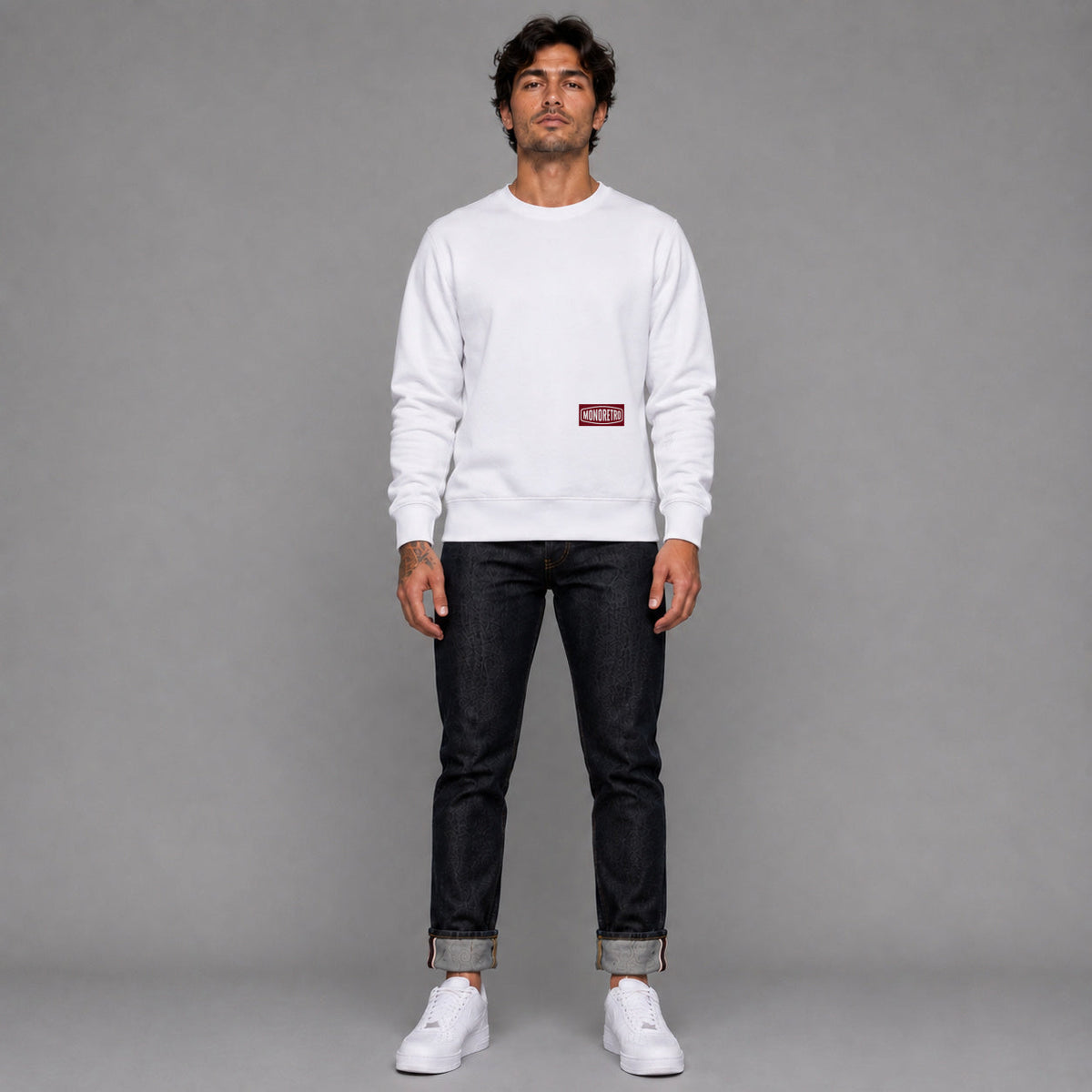 MONORETRO Signature No. 7 Heritage Heavyweight Sweatshirt in white — worn by male model, full length