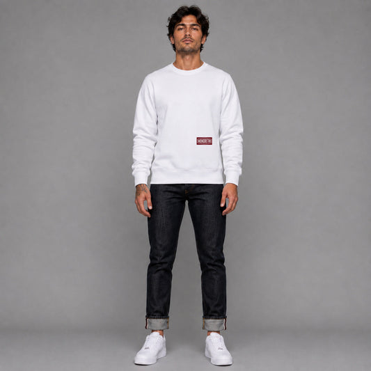 Signature No4 in white — worn by a male model, full length.