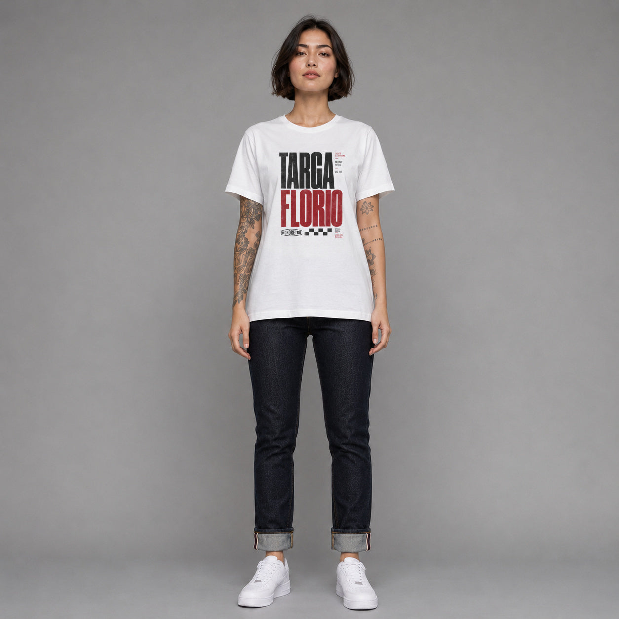 Targa Florio in white — worn by a female model, full length.
