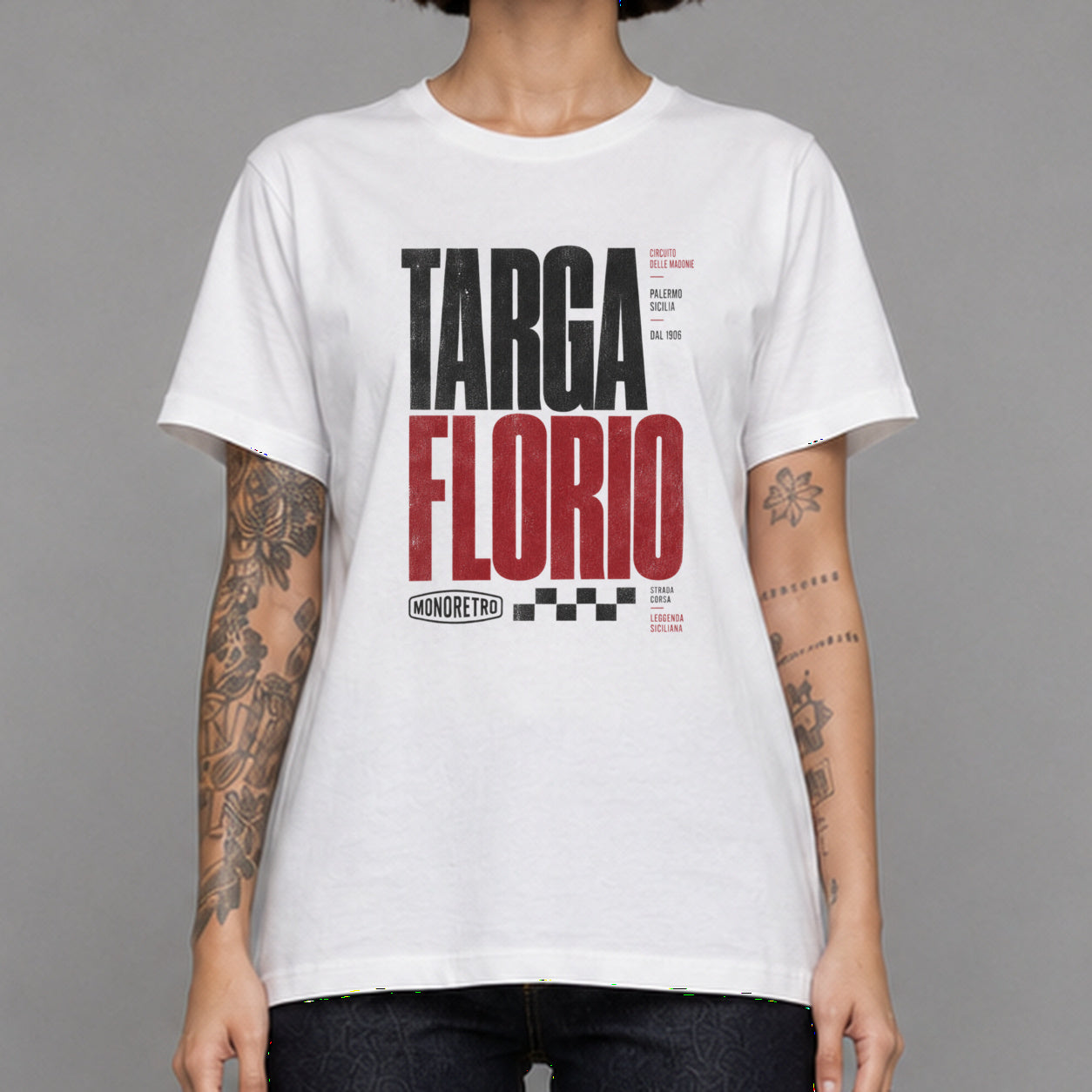 Targa Florio in white — worn by a female model, front detail.