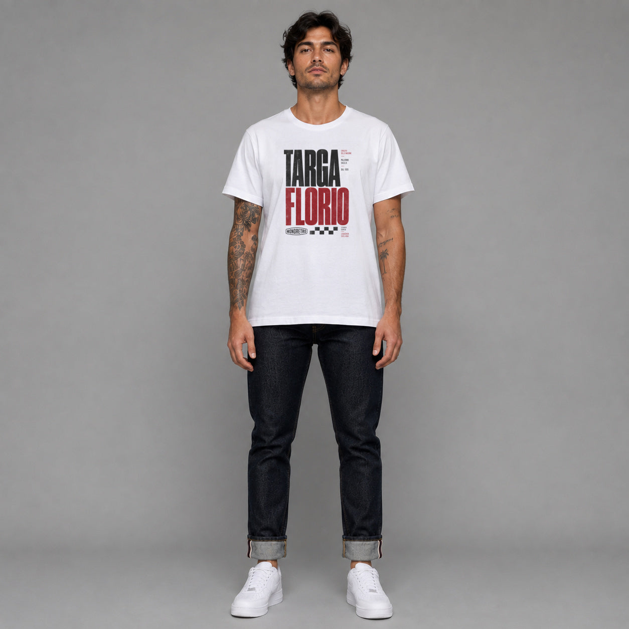 Targa Florio in white — worn by a male model, full length.
