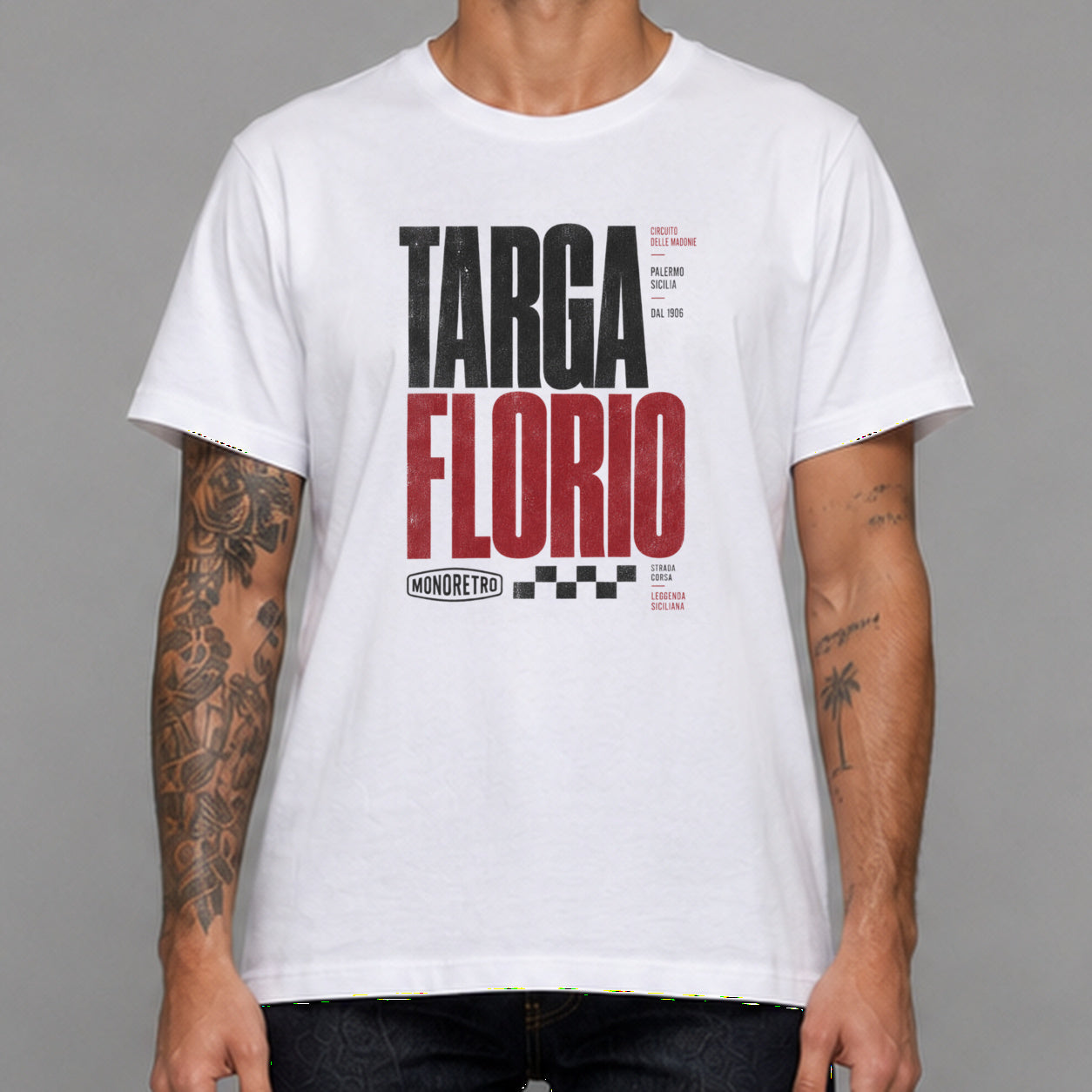 Targa Florio in white — worn by a male model, front detail.