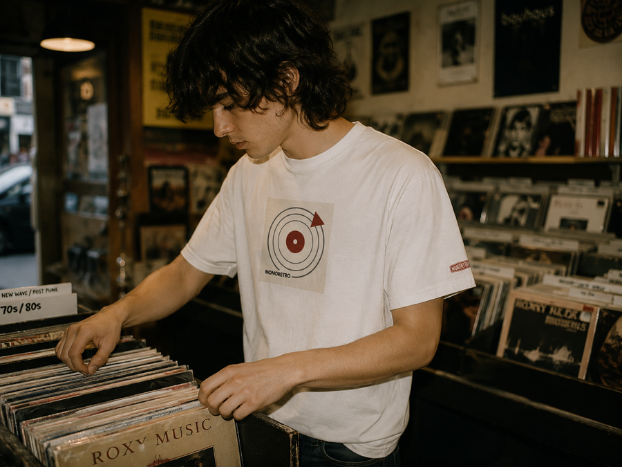 MONORETRO Analogue turntable-graphic T-shirt in white, worn while browsing vinyl in a record shop.