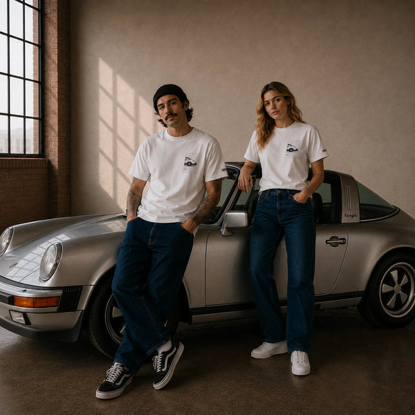 Two models in white MONORETRO tees leaning against a silver air-cooled Porsche 911.