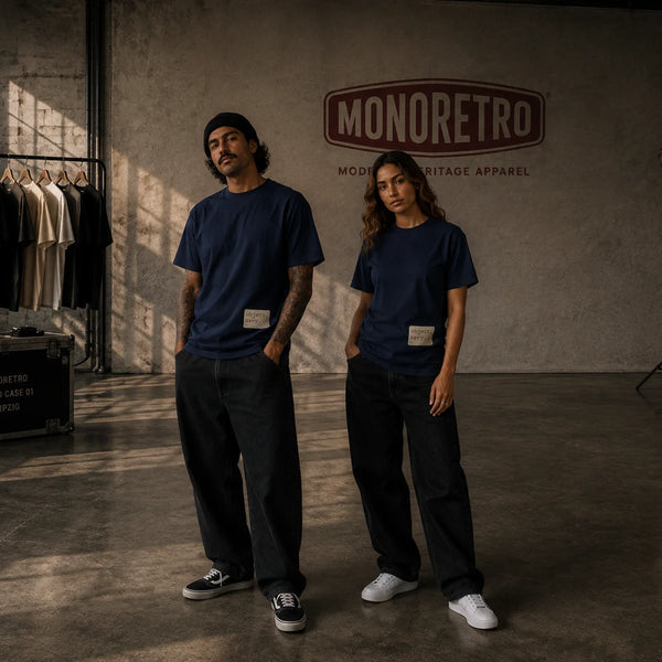Two models standing in navy MONORETRO object. tees in front of a rail of studio samples.