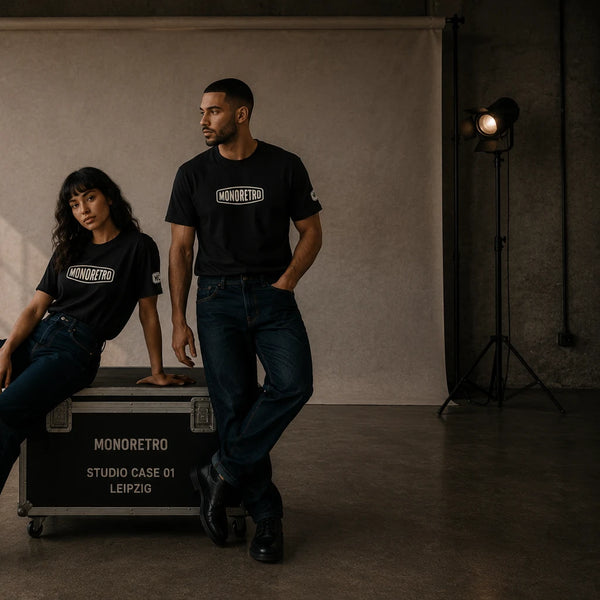 Female model seated on a flight case in a black MONORETRO tee with a male model standing beside her.