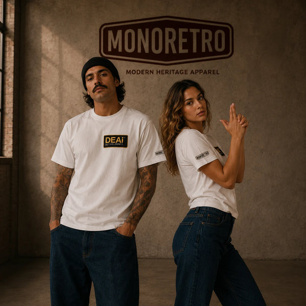 Male and female models in white MONORETRO DEAI print tees against a studio backdrop.