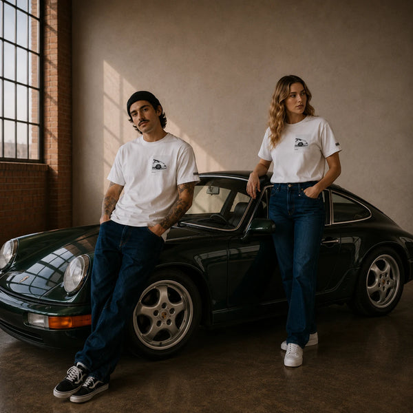 Two models in white MONORETRO tees resting against a dark green Porsche 964.
