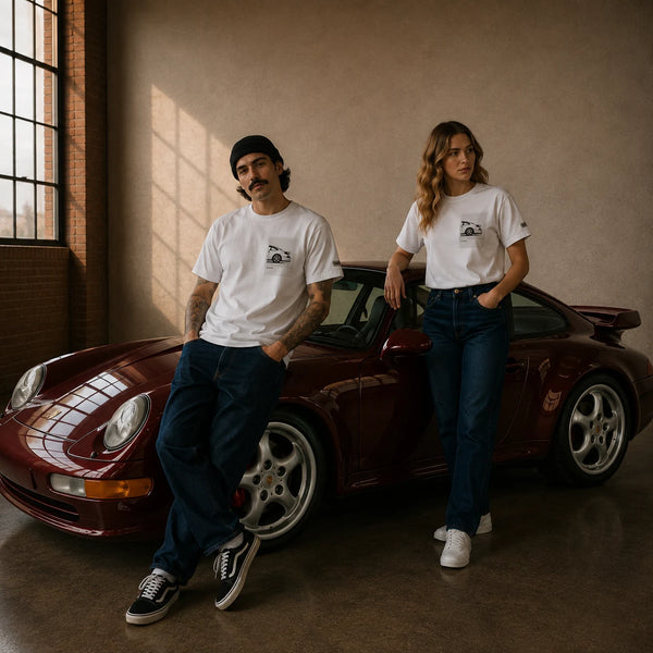 Models in white MONORETRO tees standing at the front of a maroon Porsche 993 Targa.