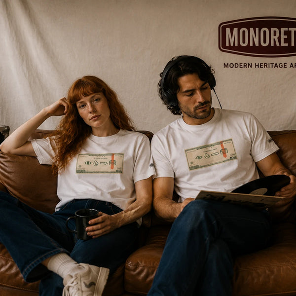 Two models seated on a leather sofa in white MONORETRO tees printed with a banknote graphic.