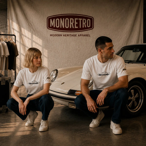 Blonde female model and male model in white MONORETRO tees seated against a cream vintage Porsche.
