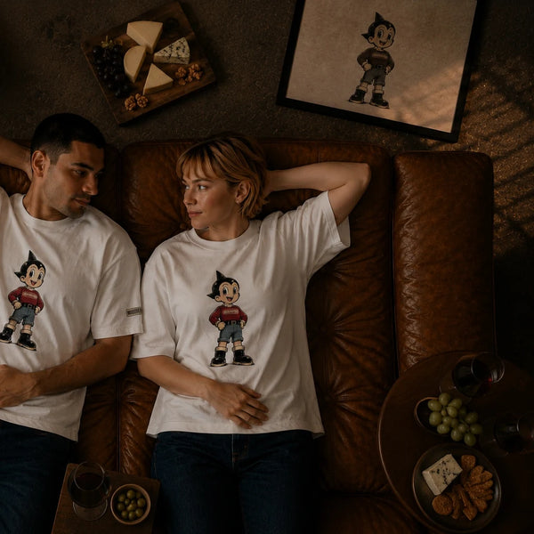 Overhead frame of two models reclining on a leather sofa in white MONORETRO character-print tees.