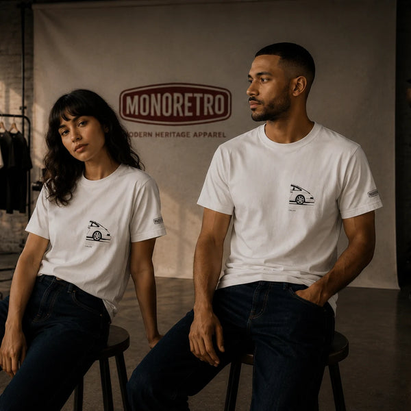 Pair of models perched on stools in white MONORETRO tees with a small sports-car chest print.