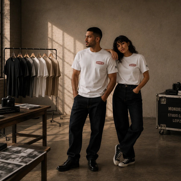 Two models standing in white MONORETRO red-logo tees in front of a rail of studio samples.