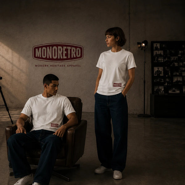 Male model seated in a leather chair beside a standing female model, both in white MONORETRO tees.