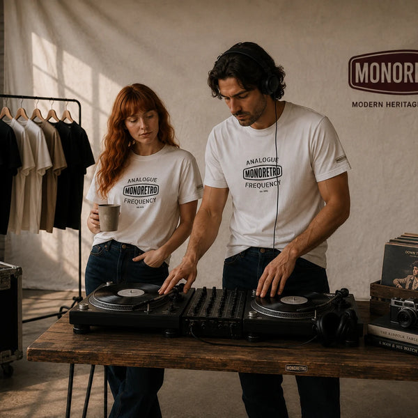 Red-haired female model and male model in Analogue Frequency print tees at a pair of turntables.