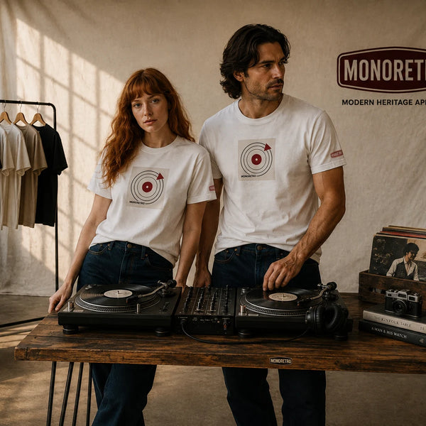 Two models in white MONORETRO tees with a circular Bauhaus-style print, mixing on vinyl decks.