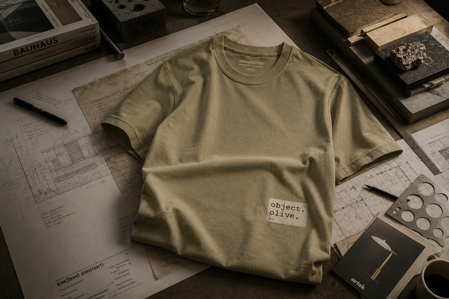 MONORETRO Object Series heavyweight T-shirt in olive, folded on a workbench beside technical drawings and tools.