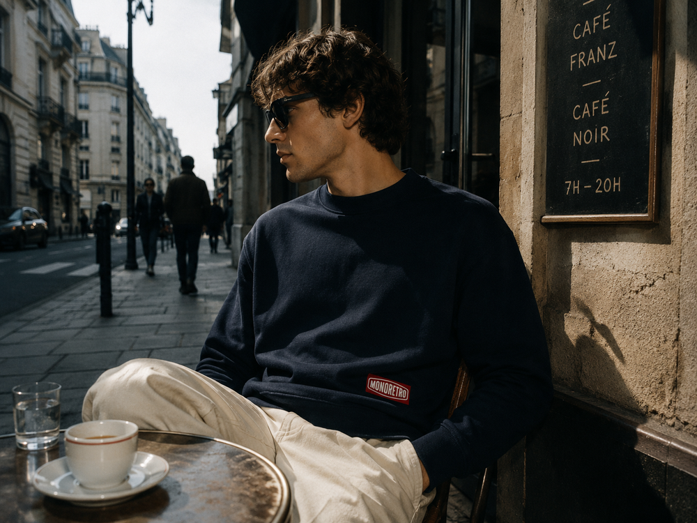 MONORETRO Signature sweatshirt in navy with woven chest label, worn at a Paris cafe table.