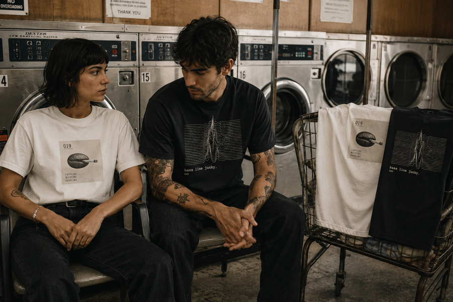 MONORETRO heavyweight T-shirts in black and white, worn in a laundrette.